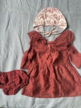 Girls Rust Red Ruffled Dress Set with Floral Bonnet